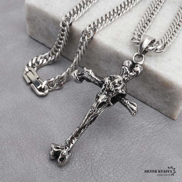 ステンレス クロスネックレス ボーンネックレス シルバー ダブル喜平チェーンネックレス 幅6mm 長さ50cm/60cm ホラー 骨 カラス 中折式 メンズ 男性 お洒落 人気 トレンド 流行り 金属アレルギー対応の通販は 5,865円