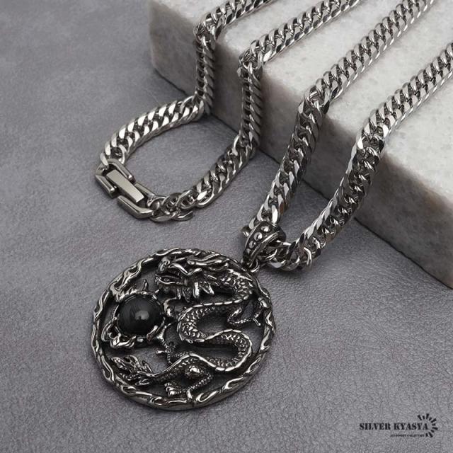 ステンレス ドラゴンネックレス シルバー ブラック ダブル喜平チェーンネックレス 幅6mm 長さ50cm/60cm 龍 オニキス 中折式 メンズ 男性 お洒落 人気 トレンド 流行り 金属アレルギー対応の通販は 6,820円
