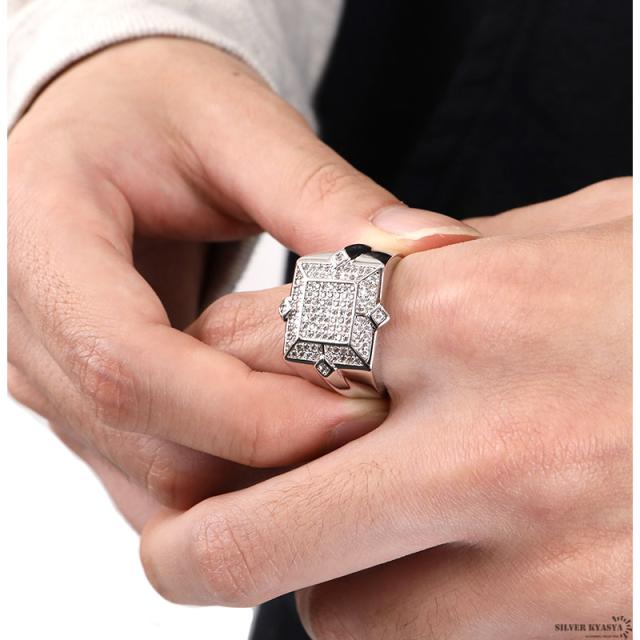 印台リング ブリンブリン パヴェ キュービックジルコニア CZ AAA 指輪 スクエア 四角 HIPHOP系 B系 ストリート ラップ ダンス シルバー 銀 専用BOX付属の通販は