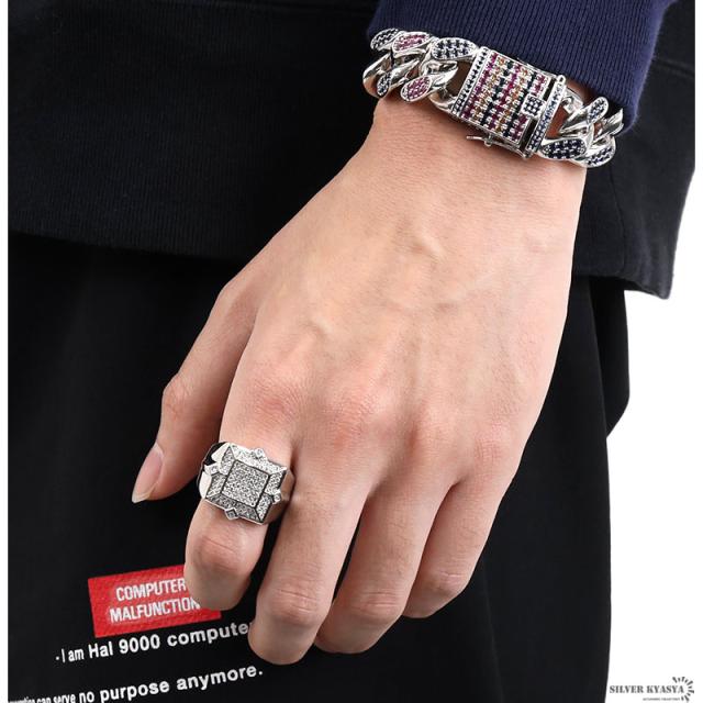 印台リング ブリンブリン パヴェ キュービックジルコニア CZ AAA 指輪 スクエア 四角 HIPHOP系 B系 ストリート ラップ ダンス シルバー 銀 専用BOX付属の通販は