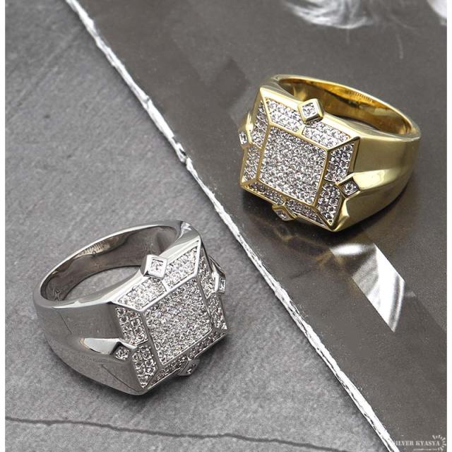 印台リング ブリンブリン パヴェ キュービックジルコニア CZ AAA 指輪 スクエア 四角 HIPHOP系 B系 ストリート ラップ ダンス シルバー 銀 専用BOX付属の通販は