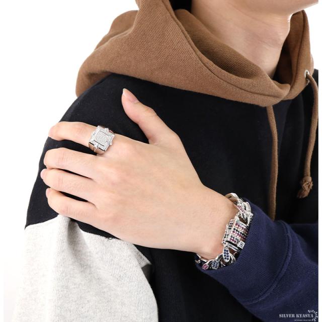 印台リング ブリンブリン パヴェ キュービックジルコニア CZ AAA 指輪 スクエア 四角 HIPHOP系 B系 ストリート ラップ ダンス シルバー 銀 専用BOX付属の通販は