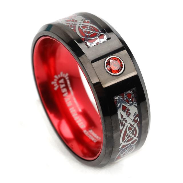 タングステン リング 指輪 メンズ ブラック ドラゴンライン レッド 一粒 ストーン 男性 リング 金属アレルギー対応 tungsten 専用BOX付属 プレゼント SILVERKYASYAの通販は