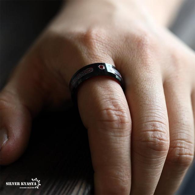 タングステン リング 指輪 メンズ ブラック ドラゴンライン レッド 一粒 ストーン 男性 リング 金属アレルギー対応 tungsten 専用BOX付属 プレゼント SILVERKYASYAの通販は