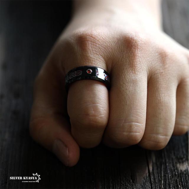 タングステン リング 指輪 メンズ ブラック ドラゴンライン レッド 一粒 ストーン 男性 リング 金属アレルギー対応 tungsten 専用BOX付属 プレゼント SILVERKYASYAの通販は