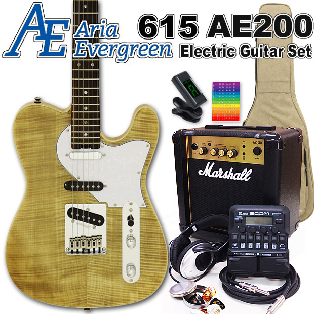 AriaProII 615 AE200 YG アリア・エヴァーグリーン エレキギター初心者 18点セット MarshallアンプとZOOM G1Four付属【エレキ ギター初心者】【エレクトリックギター】の通販は