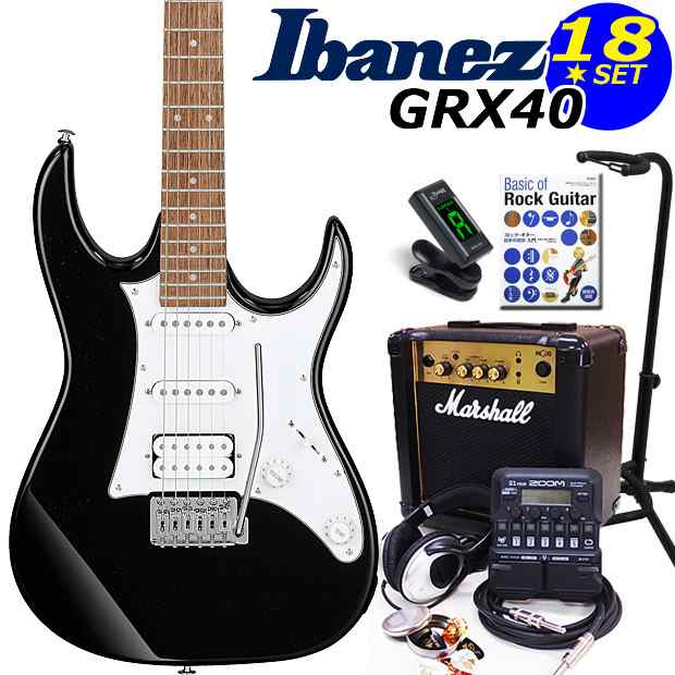 Ibanez アイバニーズ GRX40 BKN エレキギター マーシャルアンプ付 初心者セット18点 ZOOM G1Four付き【エレキギター初心者】