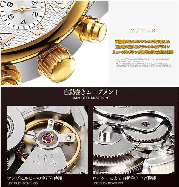 送料無料 多機能 自動巻き腕時計 カレンダー 1ヶ月計 1日計 １週間計 シースルー ステンレスベルト アラビアインデックス スケルトン メンズウォッチ メンズ腕時計の通販は