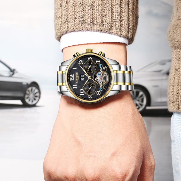 送料無料 多機能 自動巻き腕時計 カレンダー 1ヶ月計 1日計 １週間計 シースルー ステンレスベルト アラビアインデックス スケルトン メンズウォッチ メンズ腕時計の通販は