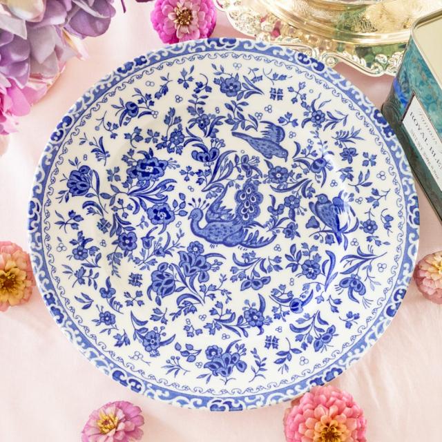 青い鳥と花のデザインの皿 鳥と花のデザイン 陶磁器皿