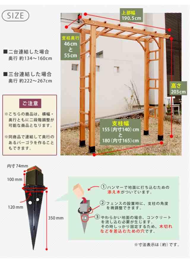 天然木製フレックスパーゴラアーチ190 3台組（埋め込み金具セット