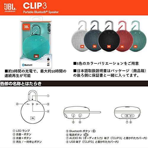 JBL CLIP3 Bluetoothスピーカー IPX7防水/パッシブラジエーター搭載