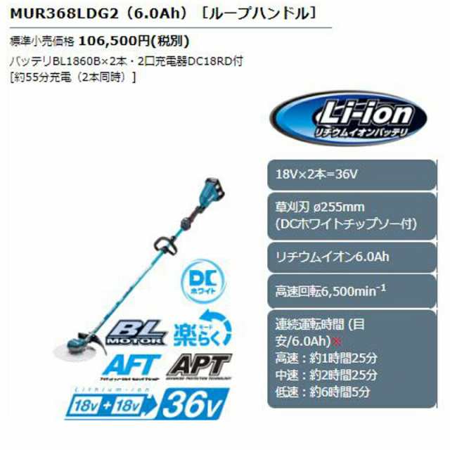 マキタ MUR368LDG2(ループハンドル) 充電式草刈機 36V(18Vを2本差し)(6.0Ah) セット品 コードレスの通販はau PAY  マーケット 島道具【取扱い商品拡充☆在庫品は最短即日出荷！〜プロツールからDIY工具まで〜】 au PAY マーケット－通販サイト