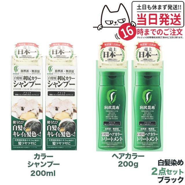 【4点セット】ピュール 利尻昆布 利尻カラーシャンプー ブラック 200ml×2 + ヘアカラートリートメント  ブラック 200g×2　無添加　白髪用　白髪染め 男女兼用  利尻昆布エキス 髪を傷めない 利尻昆布  ヘアカラーブラックセット 送料無料