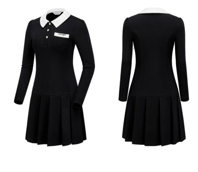 ゴルフウェア レディース 長袖 ワンピース プリーツスカート ラペル
