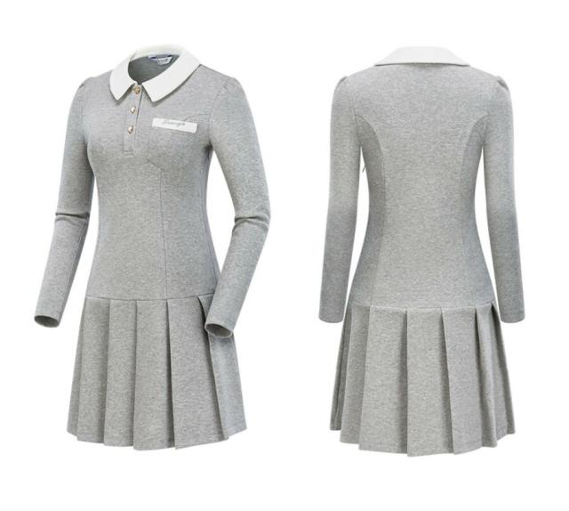 ゴルフウェア レディース 長袖 ワンピース プリーツスカート ラペル
