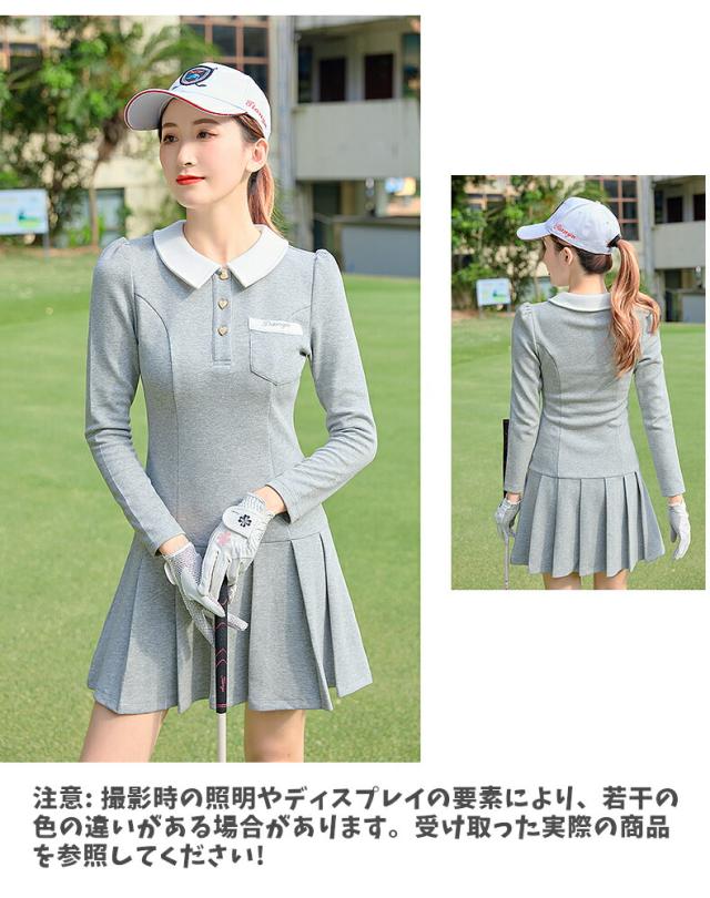 ゴルフウェア レディース 長袖 ワンピース プリーツスカート ラペル