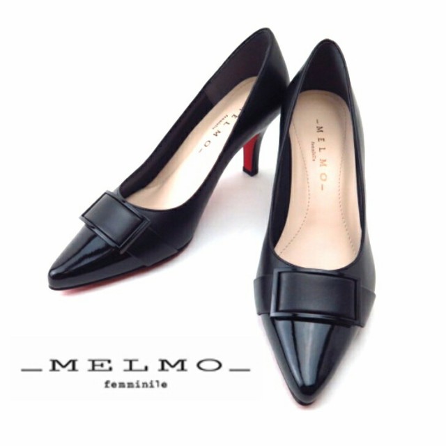 MELMO メルモ ML7782 B/ ブラックコンビ バックルモチーフ ポインテッドトゥパンプス 7.5cmヒール レディースパンプス 仕事 通勤の通販は