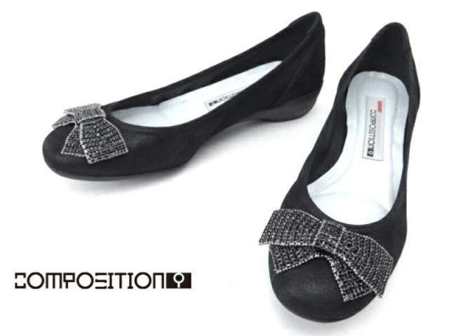 composition9 コンポジションナイン CP2726 コンフォートシューズ バレエシューズ カッター 婦人靴 リボン飾り ウエッジヒール ブラックスエード(BS) 22cm 22.5cm 23cm 23.5cm 24cm 24.5cm