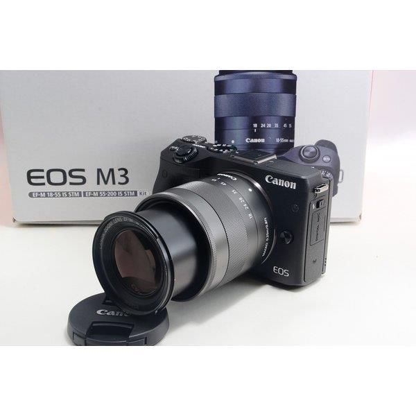 【中古】キヤノン Canon EOS M3 ブラック レンズセット 美品 ミラーレス SDカードストラップ付き