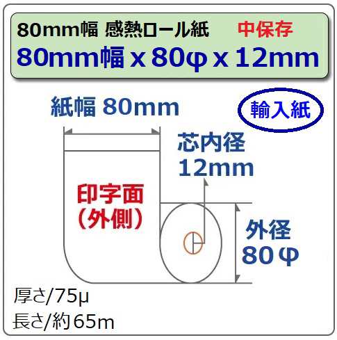 ビジコム】感熱レジロール 紙幅80mm 外径80mm 内径12mm 60巻入/中保存