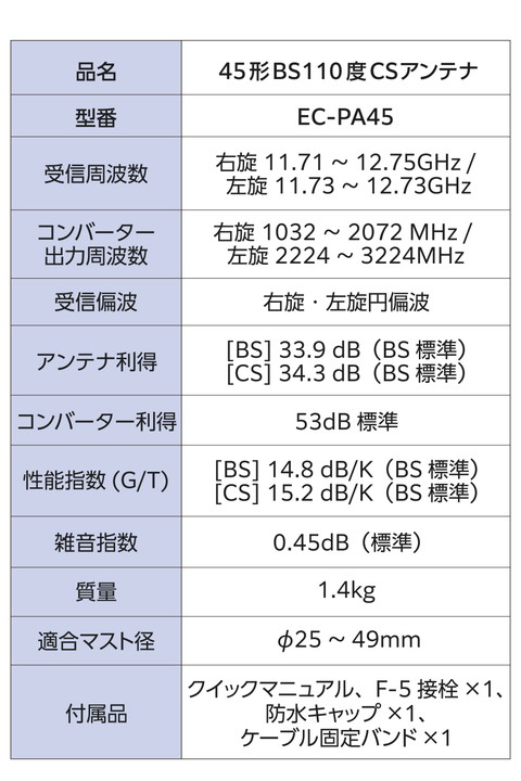 エレコム 45形BS・110度CSアンテナ bsアンテナ BS・110度CSアンテナセット 45形 2K 4K 8K(3224MHz)対応 簡単に組み立て ┃EC-PA45