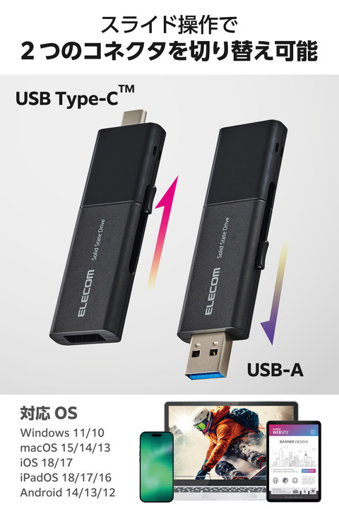 エレコム 外付けSSD USB Type-C USB-A コネクター 対応 外付け ポータブル SSD 250GB USB3.2(Gen1)対応 スライド式 Type-C＆Type-A両対応 ブラック ┃ESD-EAWB0250GBK_2