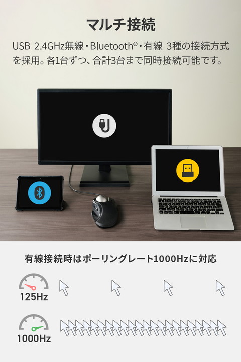 エレコム トラックボールマウス HUGE PLUS ワイヤレス 10ボタン ベアリング 有線 2.4Ghz無線 Bluetooth 無線 52mmボール 2年保証 ブラック ┃M-HT1MRBK-G_3