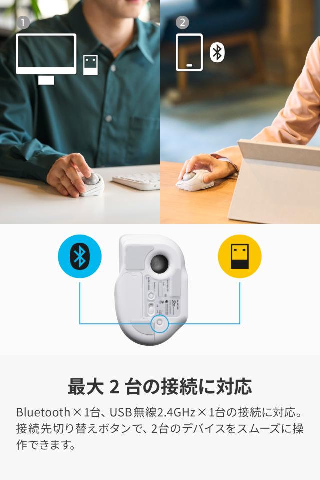 ▲クーポン対象商品（6/1〜6/30）▲ エレコム bitra 無線2.4GHz Bluetooth トラックボール マウス ワイヤレス 5ボタン 人差し指操作 34mmボール 人工ルビー 電池式 静音 収納ポーチ付 ホワイト┃M-MT2MRSWH_5