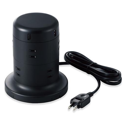 エレコム 電源タップ 延長コード タワー型 8口 2m タワータップ 8個口 雷サージ付 ホコリ防止シャッター付 固定可能 ブラック 約2.0m┃TT-U01-0820BKの通販は 5,863円