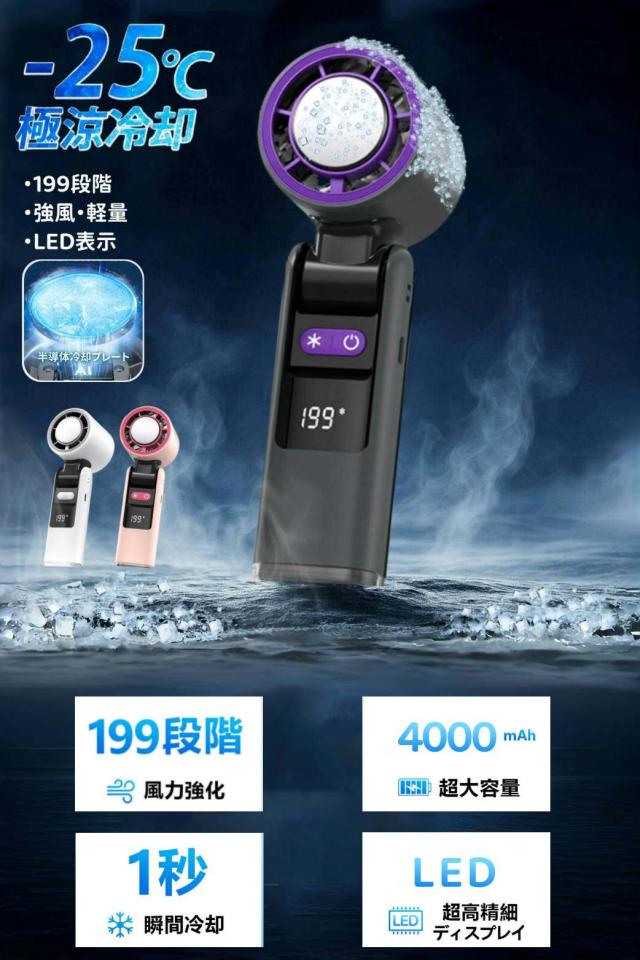 【クーポン配布中！】ハンディファン 冷却プレート 手持ち扇風機 2025 冷却プレート付き ハンディ 199段階風量調節 充電式 扇風機 卓上 強力送風 -25℃瞬間冷却 4000mAh ハンディ扇風機 小型扇風機 Type-C 液晶画面 LED 残量表示 軽量 ストラップ付き 熱中症対策 暑さ対策