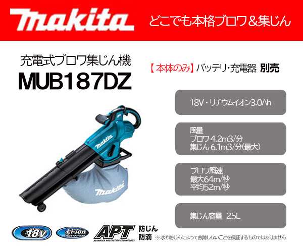 マキタ 充電式ブロワ集じん機 18V ＜MUB187DZ＞ 本体のみ (バッテリ ...