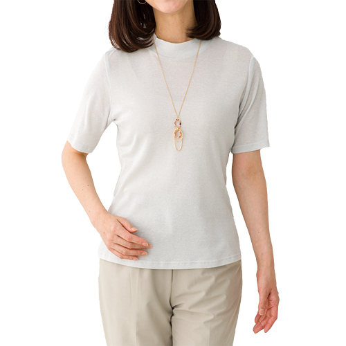 半袖 ハイネック カットソー レディース 春夏 日本製 ラメ入りプルオーバー 全3色 シルバー ブルー ピンク 婦人服 ミセス シニア 女性 シニアファッション 40代 50代 60代 70代 80代 母の日 お母さん シンプル 上品 華やか クルーネック モックネック　fuji　p24096