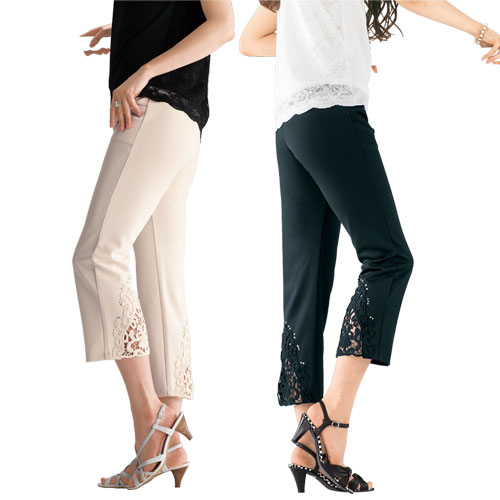 ハンパ丈 パンツ レディース 春夏 レースデザインクロップドパンツ 2色組 婦人服 ミセス シニア ドレスパンツ サマー シニアファッション 50代 60代 70代 80代 母の日 お母さん 春物 夏物　fri　p13779