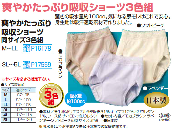 尿漏れパンツ 対策 ショーツ 大きいサイズ 3L 4L 5L レディース 日本製 爽やかたっぷり吸収ショーツ 3色組 パンツ 吸汗速乾素材 レディース 婦人 ミセス シニア 介護用品 ピーチ ブラウン ラベンダー レース 軽失禁 50代 60代 70代 80代 介護 入院　fri　p17559　p27749 尿漏れパンツ 対策 ショーツ 大きいサイズ 3L 4L 5L レディース 日本製