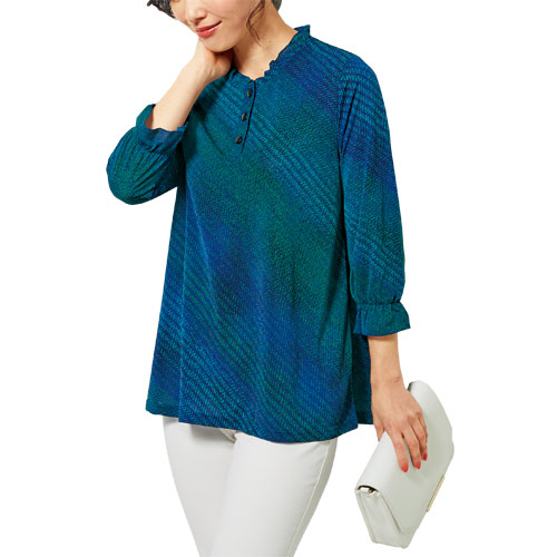 ブラウス 春夏 日本製 国産グラデーションチュニック ブルー トップス レディース 婦人服 ミセス シニア チュニックブラウス 七分袖 春物 夏物 シニアファッション 50代 60代 70代 80代 母の日 お母さん　ik　p18310の通販は 5,723円