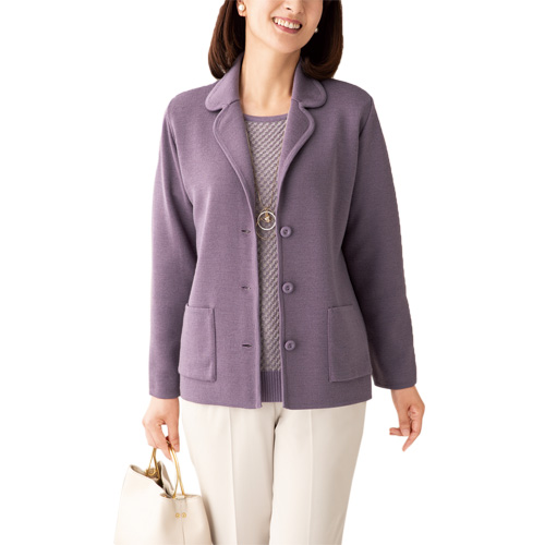 ジャケット 秋冬 日本製 ミラノリブテーラードジャケット ラベンダーパープル 丸襟 レディース 婦人服 ミセス シニア ニットジャケット かわいい シニアファッション 50代 60代 70代 80代 母の日 お母さん　fuji　p19176