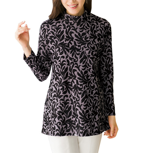 チュニック 日本製 フロッキープリントチュニック パープル系×ブラック トップス レディース 婦人 ミセス シニア Aライン ハイネック スタンドカラー シニアファッション 50代 60代 70代 80代 母の日 お母さん　fuji　p19413の通販は