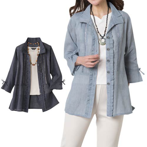 レース使い綿麻楊柳ブラウス 全2色 ブラウス 七分袖 シャツブラウス レディース 婦人服 ミセス シニア 女性 紺色 青 ブルー ネイビー シニアファッション 40代 50代 60代 70代 80代 カジュアル フェミニン かわいい フリル 大きいサイズ 母の日 お母さん 春夏　sowa　p19627の通販は