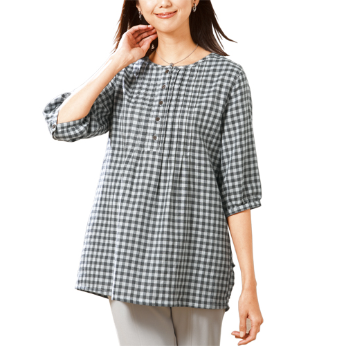 ピンタック 7分袖 ダブルガーゼチュニック 3色組 コットン チュニック 丸首 5分袖 レディース 婦人服 ミセス シニア 女性 ベージュ ブルー グレー ギンガムチェック 無地 かわいい 体型カバー ファッション 40代 50代 60代 70代 80代 母の日 お母さん 春夏　sowa　p19788