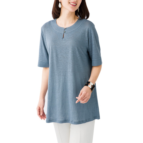 リネンチュニック 麻素材 レディース 日本製 麻100％ 切替えチュニック ライトブルー 五分袖 婦人服 ミセス シニア 女性 青 クルーネック 丸首 シンプル シニアファッション 40代 50代 60代 70代 80代 90代 母の日 お母さん おばあちゃん 5分袖 春物 夏物 春夏　fuji　p20004