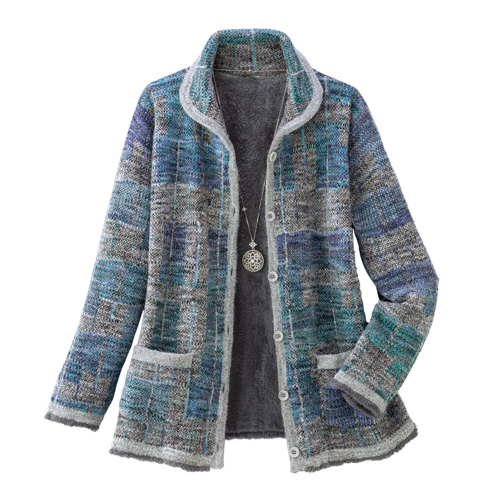 裏シャギー ニットジャケット ジャカード レディース シニア 裏シャギー モヘヤ混 ニットジャケット ブルー×パープル系 上着 婦人服 ミセス 女性 青系 紫系 オシャレ シニアファッション 50代 60代 70代 80代 母の日 お母さん 秋物 冬物 秋冬　nss　p20591　p23253