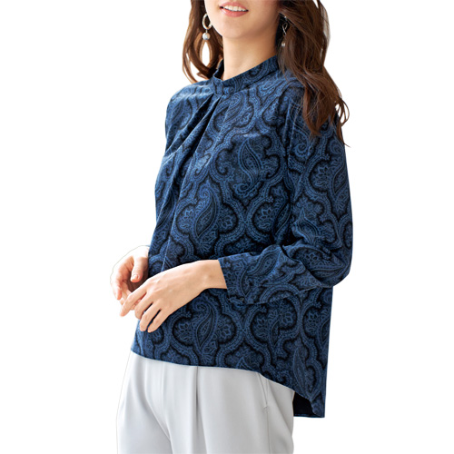 ブラウス 秋冬 日本製 ペイズリープリントブラウス ネイビー系 ピンタックブラウス レディース 婦人服 ミセス シニア 女性 ブルー 青 紺色 シニアファッション 50代 60代 70代 80代 母の日 お母さん　nss　p20598の通販は