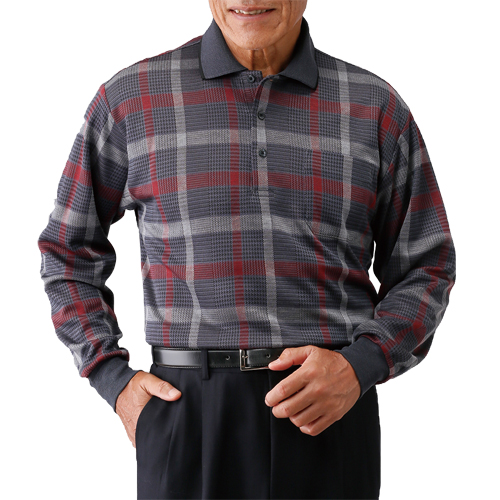 ポロシャツ 長袖 メンズ シニア 日本製 紳士 ウール入り 格子柄 ポロシャツ 2色組 紳士服 男性 カジュアルシャツ チェック柄 グリーン系 ワインレッド系 緑 赤 グレー シニアファッション 50代 60代 70代 80代 父の日 お父さん おじいちゃん 秋冬　natu　p20893　sai　p20998