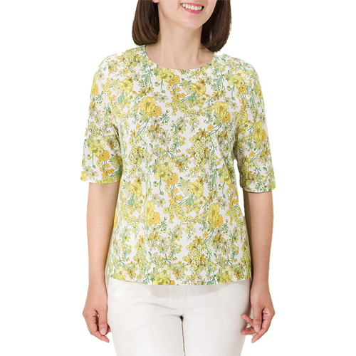 ブラウス 春夏 日本製 綿100％ ボタニカル柄ブラウス イエロー系 五分袖ブラウス レディース 婦人服 ミセス シニア 女性 黄色 花柄 5分袖シャツ シニアファッション 50代 60代 70代 80代 母の日 お母さん　fuji　p21076の通販は