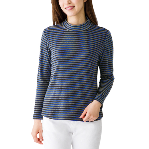 ハイネック 長袖シャツ カットソー レディース 日本製 カラーボーダープルオーバー ブルー系 婦人服 ミセス シニア 女性 横縞 縞模様 しましま 青系 モックネック シンプル 3色ボーダー シニアファッション 40代 50代 60代 70代 80代 母の日 お母さん 春夏秋　fuji　p21077