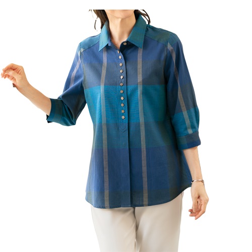 ブラウス 春夏 ビッグチェック多ボタンデザインブラウス ブルー系 飾りボタン付きブラウス レディース 婦人服 ミセス シニア 女性 カジュアルシャツ シニアファッション 40代 50代 60代 70代 80代 母の日 お母さん　nss　p21348の通販は 6,589円