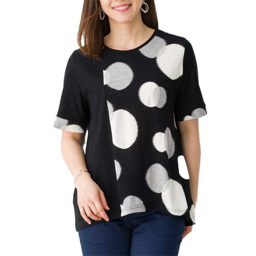 五分袖 カットソー Tシャツ レディース 日本製 水玉ジャカード切替えチュニック ブラック系 婦人服 ミセス シニア 女性 ドット柄 水玉模様 黒系 丸首 丸襟 モノトーン tシャツ シニアファッション 40代 50代 60代 70代 80代 母の日 お母さん 敬老の日 春夏　fuji　p21442