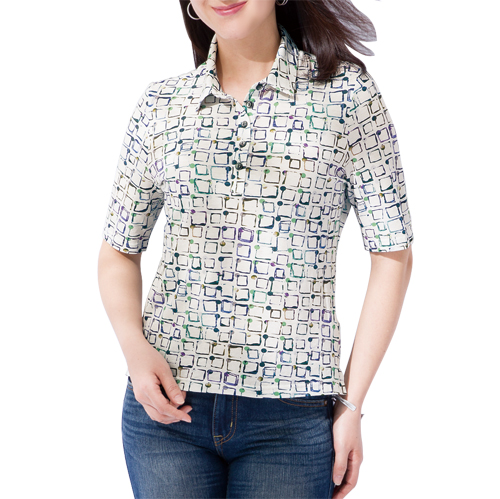 五分袖 シャツ 幾何学模様 レディース 日本製 マルチカラー襟付きプルオーバー オフホワイト 婦人服 ミセス シニア 女性 白系 四角柄 幾何学柄 オシャレ レトロ モダン コットン素材 シニアファッション 40代 50代 60代 70代 80代 母の日 お母さん 春夏　fuji　p21443