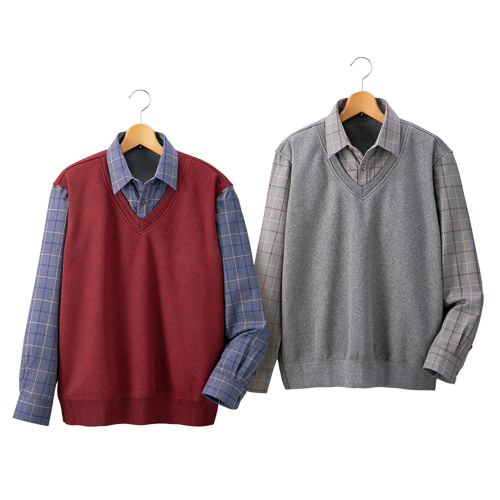 カジュアルシャツ メンズ シニア 秋冬 重ね着風シャツ（2色組） デザインシャツ 紳士服 シニア 男性 チェック柄 格子柄 シャツベスト風 ワインレッド グレー レイヤード風 シニアファッション 50代 60代 70代 80代 父の日 お父さん 敬老の日　sai　p22242